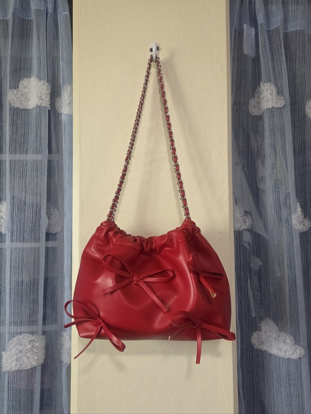 Red Bow Accent Faux Leather Drawstring Shoulder Bag